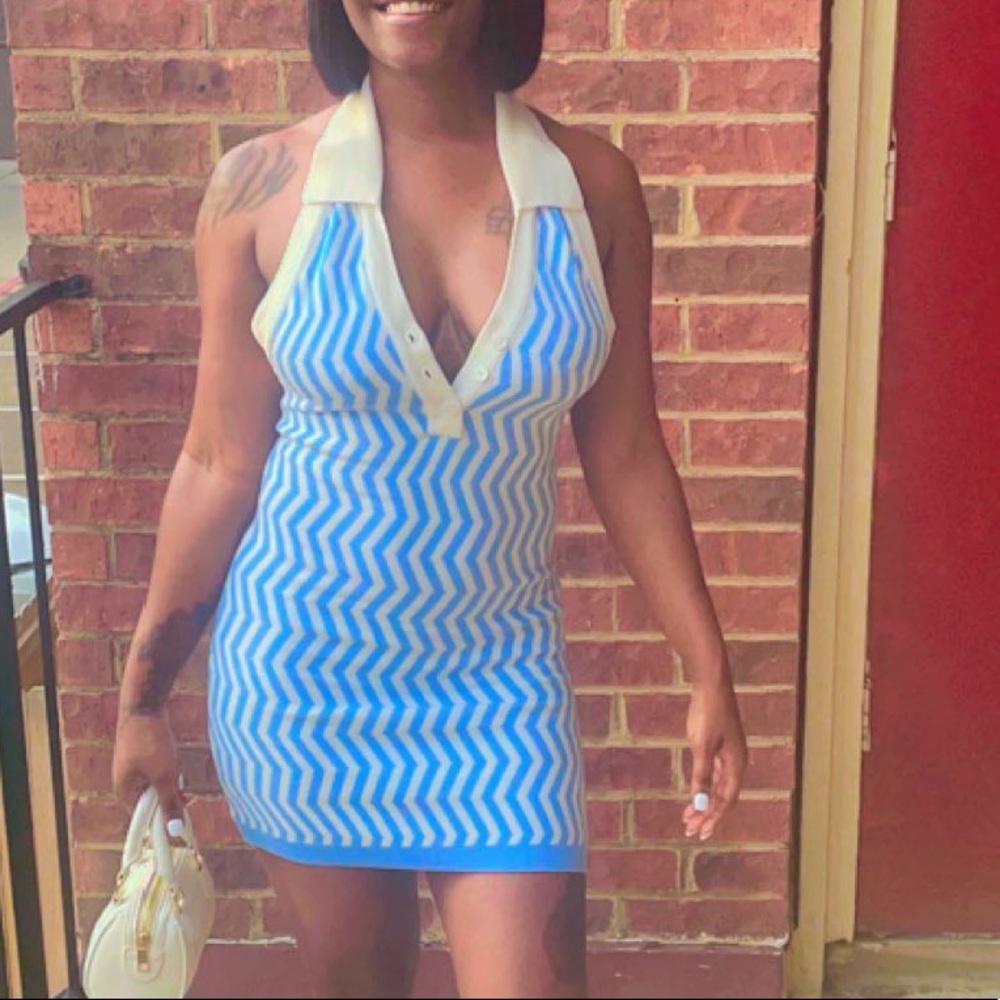 Blue and white backless collared tennis dress